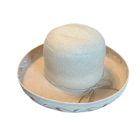 Vintage Women’s Natural Straw Sun Hat Wide Brim Embroidered Trim 100% Paper OSFM - Picture 5 of 7